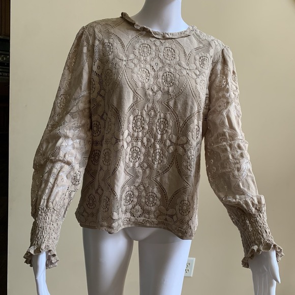Ultra Pink Tops - ULTRA PINK‎ Cute Floral Lace Beige Top Smocked Long Sheer Sleeve Mock Blouse L